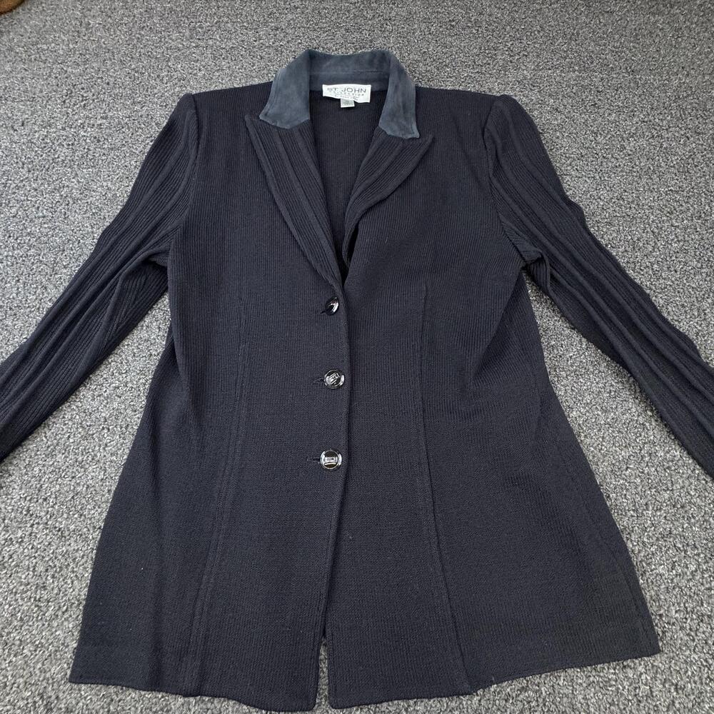 St. John Collection Blazer Womens 10 Black Wool Blend Suede Collar Tailored